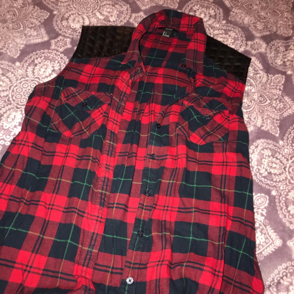 Forever 21 .. sleeveless flannel leather shoulders